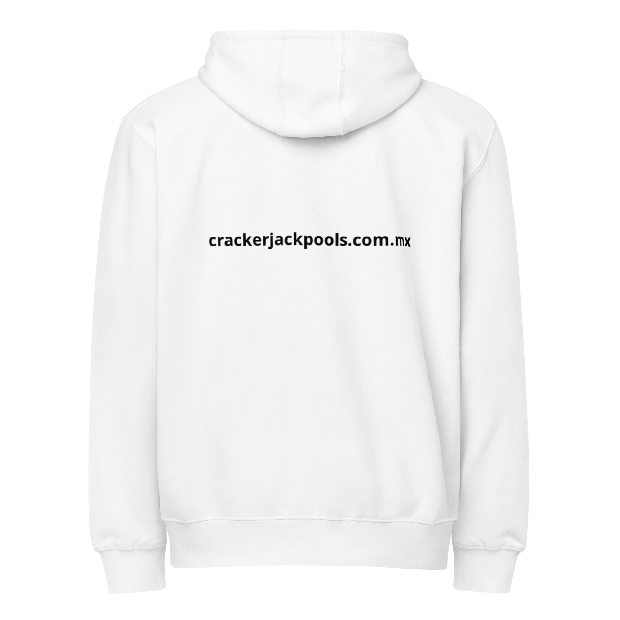 White hoodie with black text website URL on back.