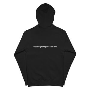 Black hoodie with white text on the back.