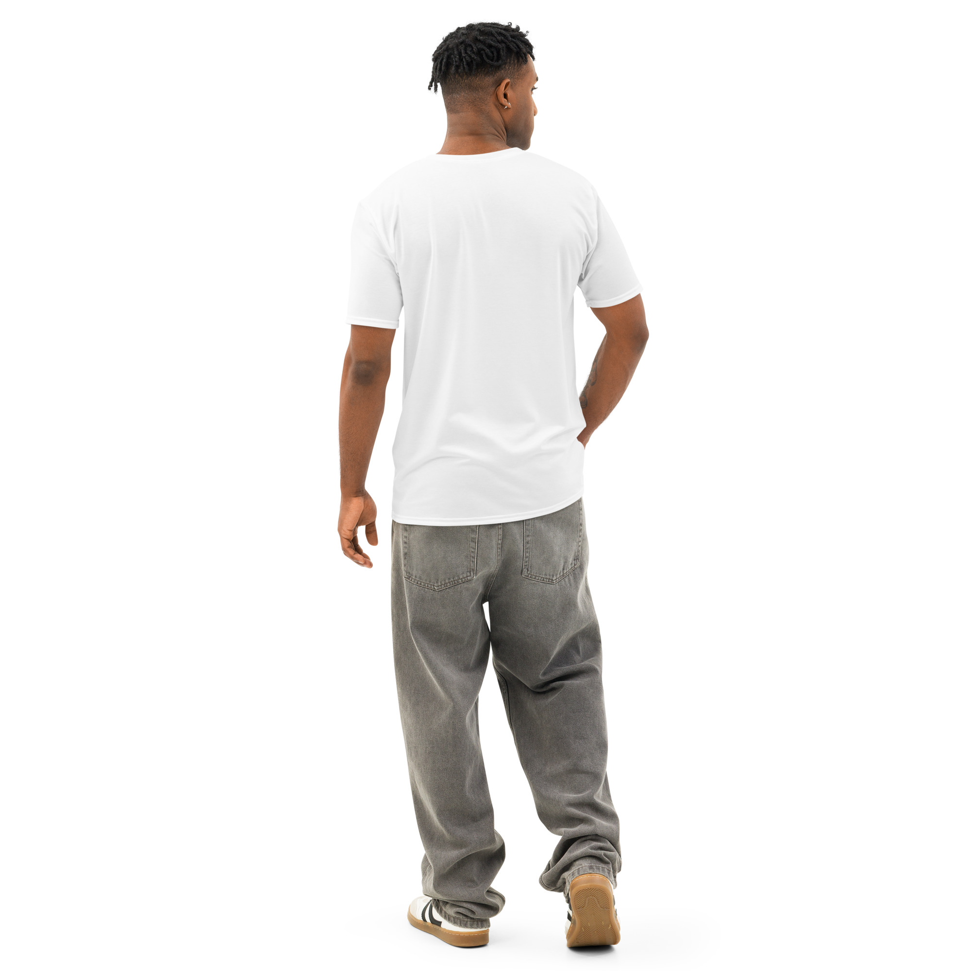 Man wearing a white t-shirt and gray pants, walking away.