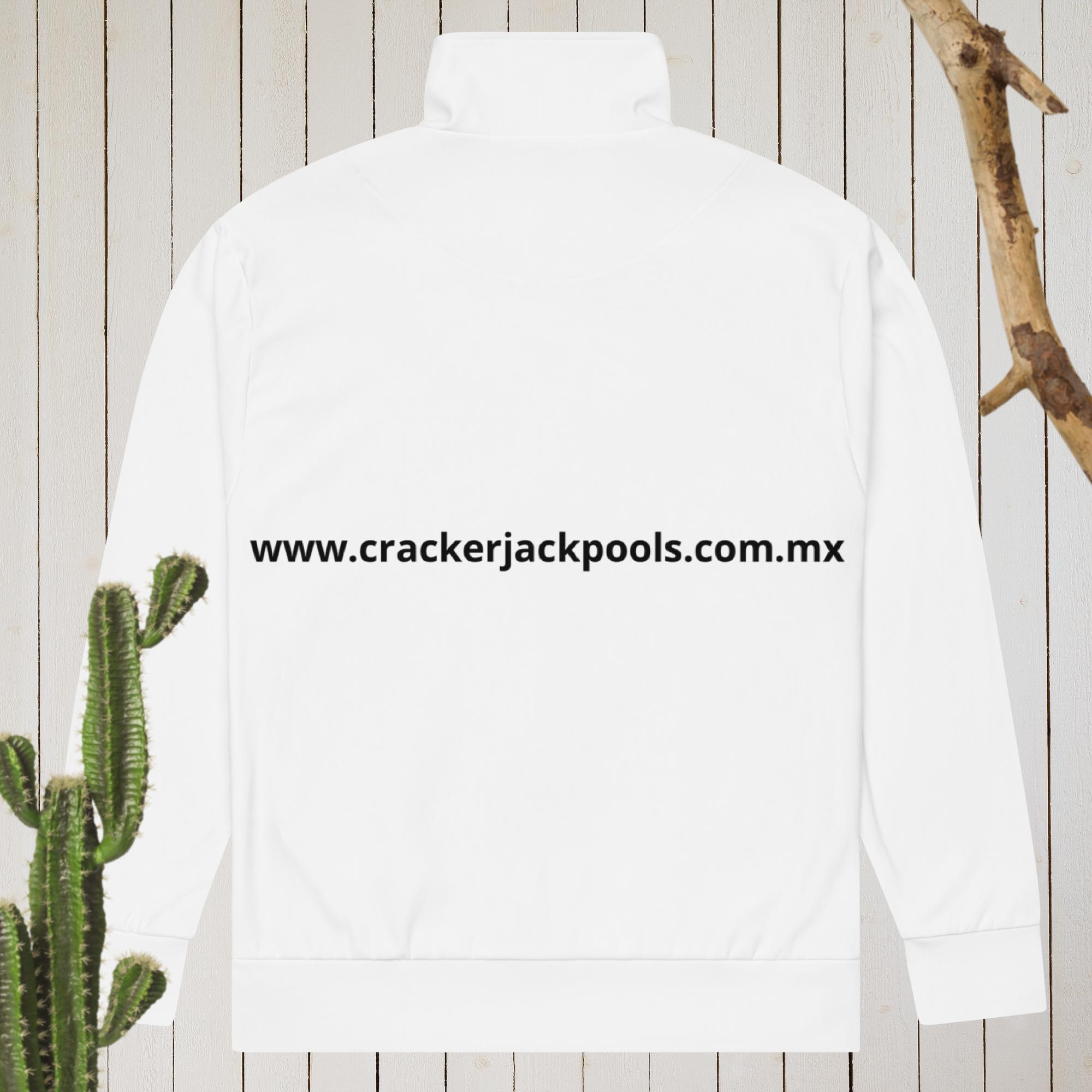 White jacket with a website printed on the back.