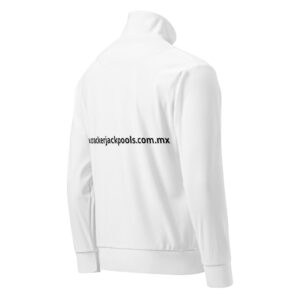 White jacket with website text on back.