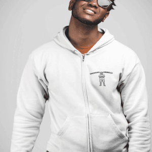 Smiling man wearing sunglasses and a white hoodie.